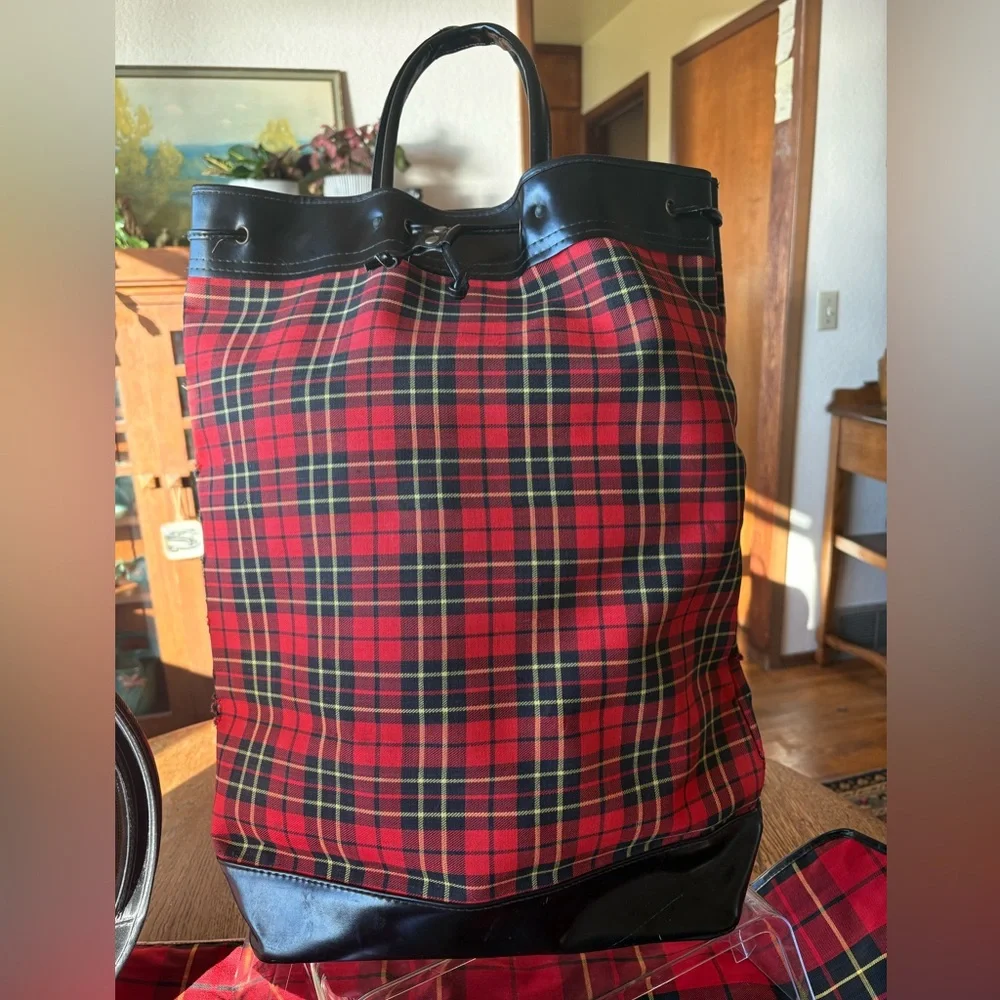 Vintage Luggage Tartan Red Plaid 3 Items. Hat Box/Zip Clothing Cover/Tall Tote